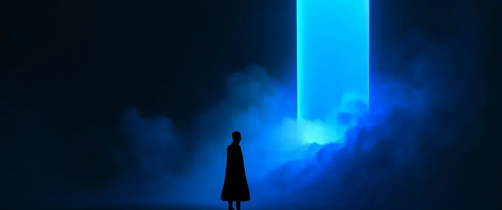 Person in a coat stands before a bright blue door, symbolizing unlocking your career with AI.