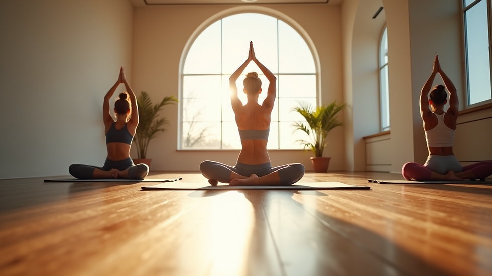Eye-level view of a serene yoga studio with natural light