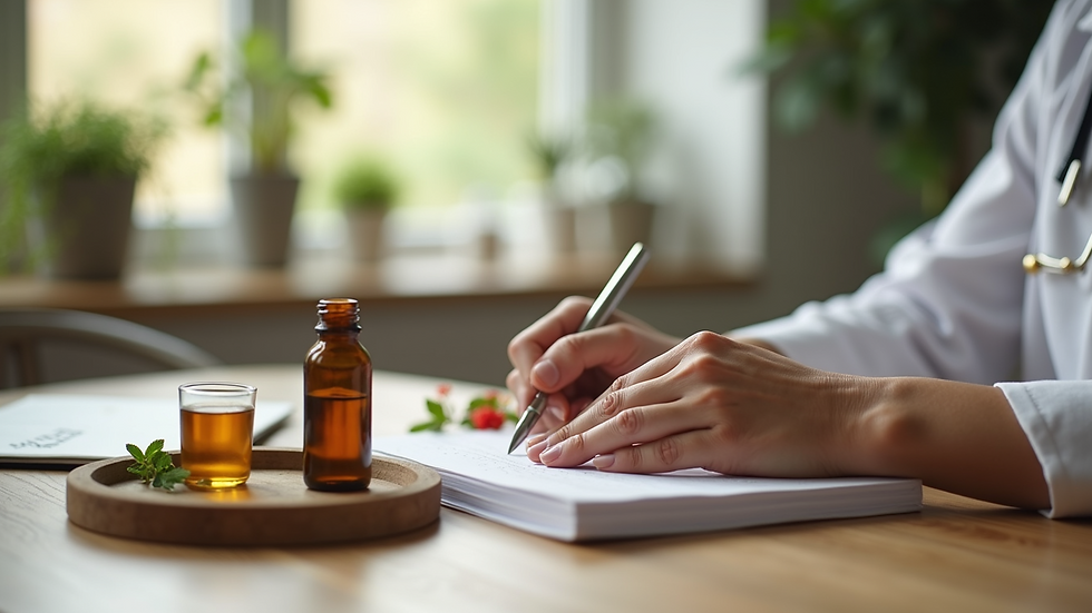 Close-up view of a naturopathic consultation with natural remedies on the table