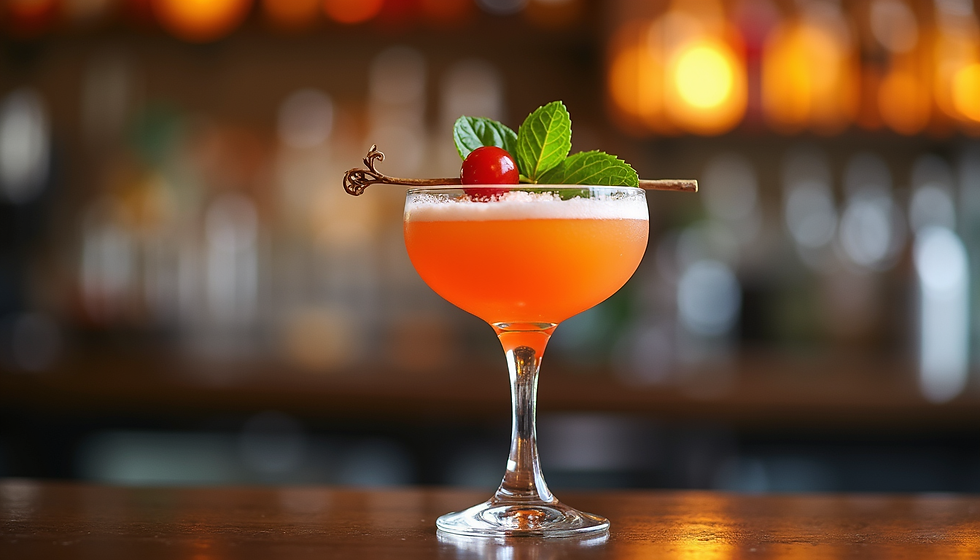 AI illustration of an orange-colored mocktail-style drink with mint and cherry garnish