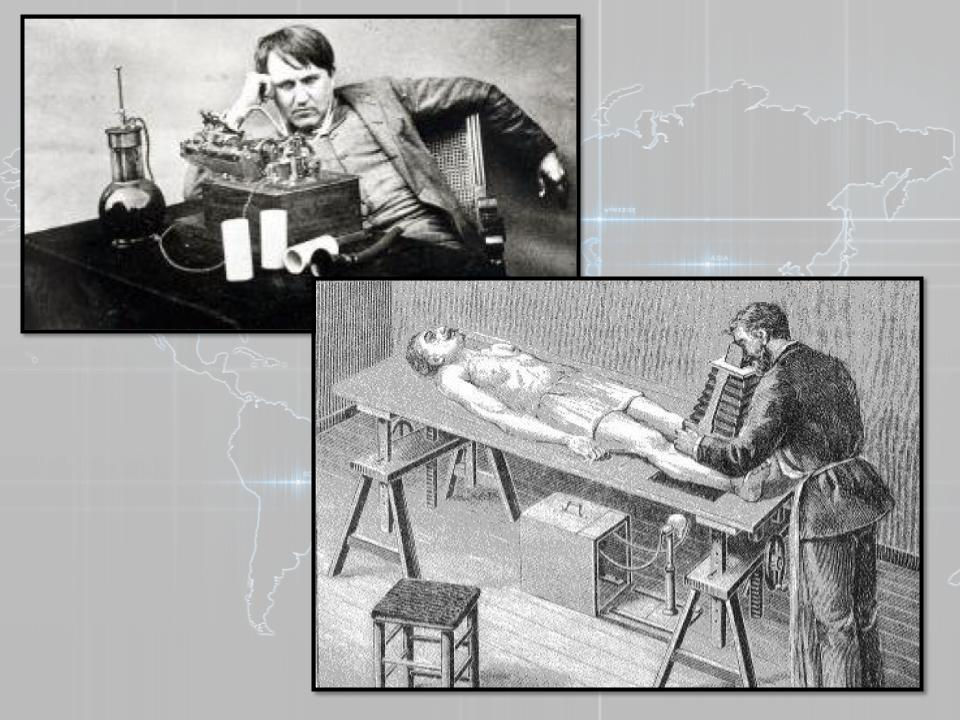 Edison y un diagrama de como pudo ser el diseño del primer fluoroscopio.