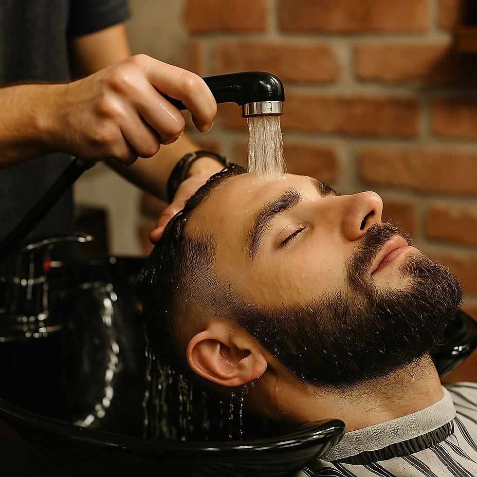 Muž si užívá péči o vlasy při profesionálním mytí v barbershopu.