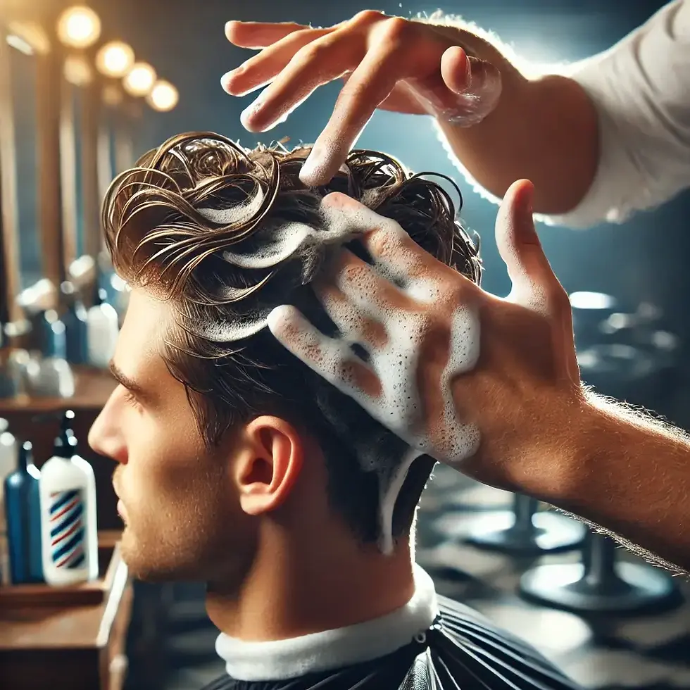 Barber jemně nanáší malé množství šamponu na mokré vlasy muže v moderním barbershopu