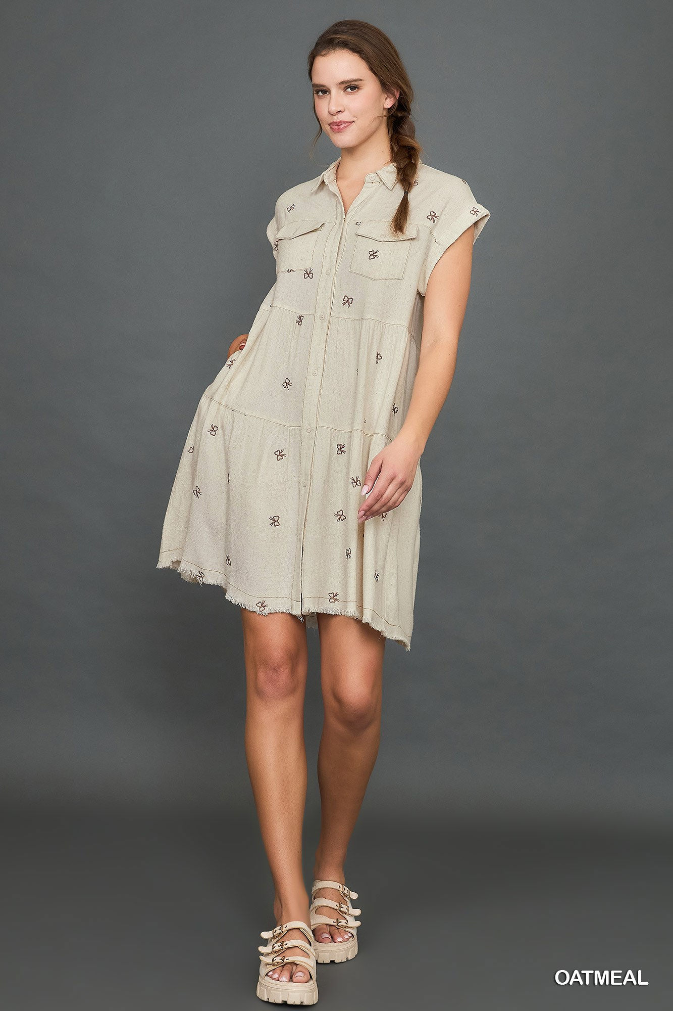 UMGEE Linen Blend Ribbon Embroidered Shirt Dress