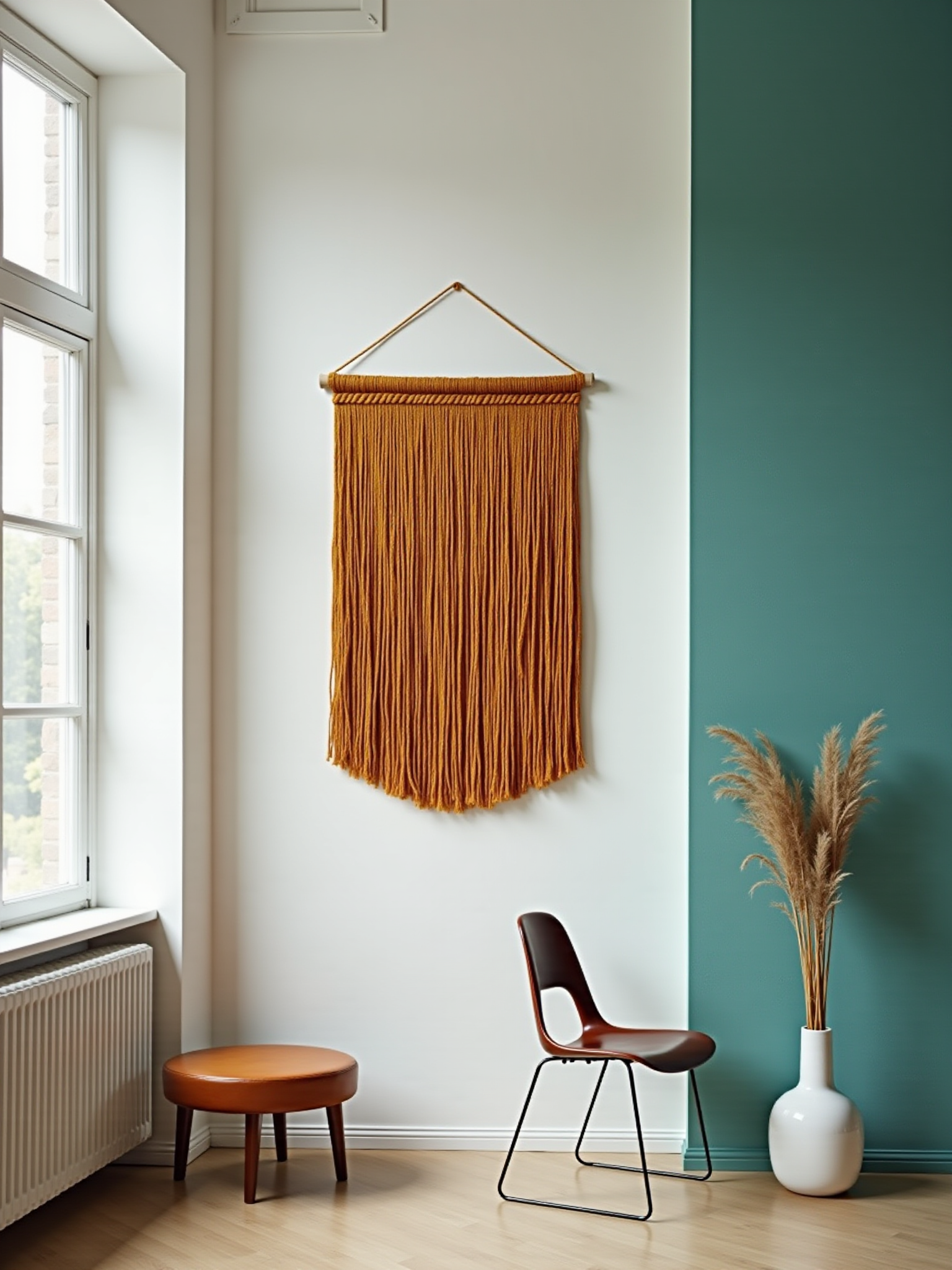 Natural fiber art hanging on the wall near a window with a chair