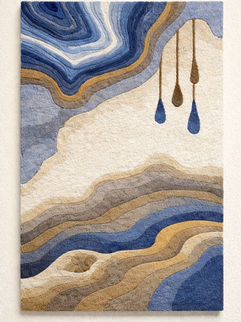 Hand-tufted fiber wall sculpture in layered blues, creams, taupes, and warm gold, featuring flowing geological strata and three elongated teardrop forms descending like falling light. 
