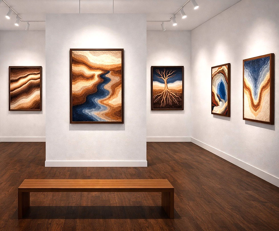 Deep Earth fiber artworks by Haley Crabb featuring layered earth inspired forms in deep blue, cream, tan, brown, and gold displayed in a modern gallery setting to preview for the debut of the Deep Earth Collection during the Hot Springs Gallery Walk and The Gem & Mineral Show on May 1st 2026.