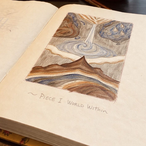 Elemental Living, Deep Earth Lithic Blue Collection Piece I World Within sketchbook design before fiber art creation.