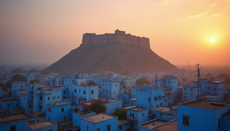 Eye-level view of Mehrangarh Fort towering over blue-painted houses in Jodhpur
