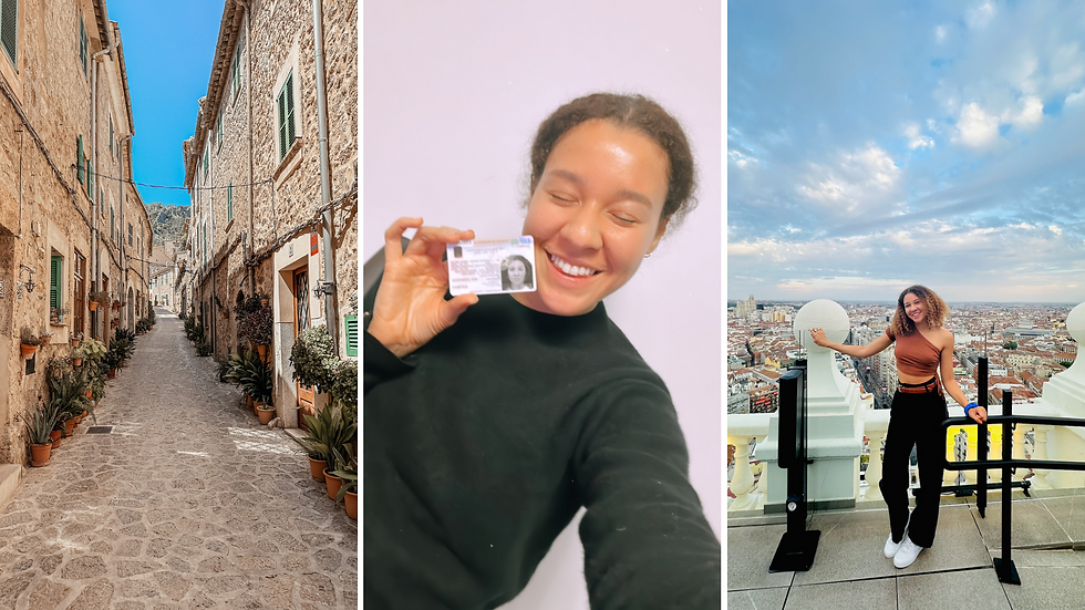 picture of girl smiling with visa, girl smiling with view of madrid, cute spanish town