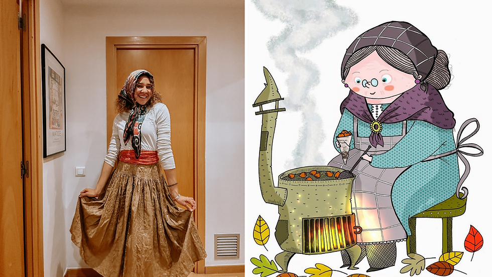 Girl dressed in headscarf and long skirt next to drawing of la castanyera woman in headscarf, skirt while roasting chestnuts