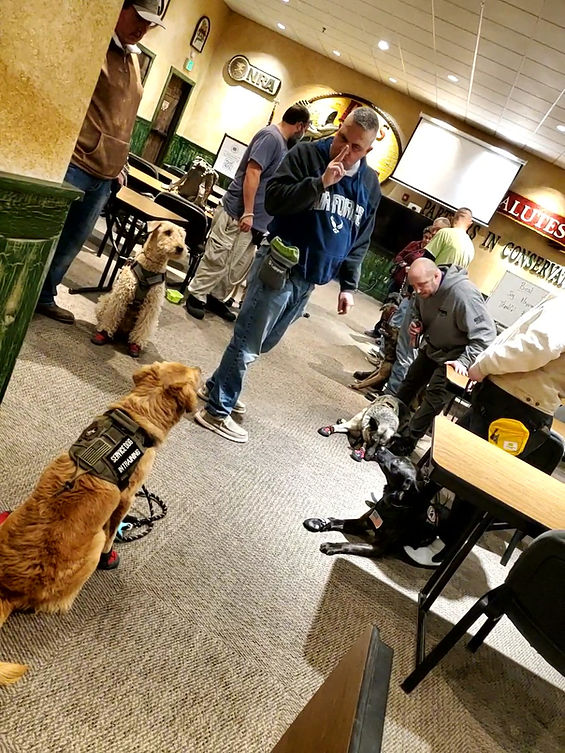 dog training teams lined up in two lines with their dogs at Bass Pro shops