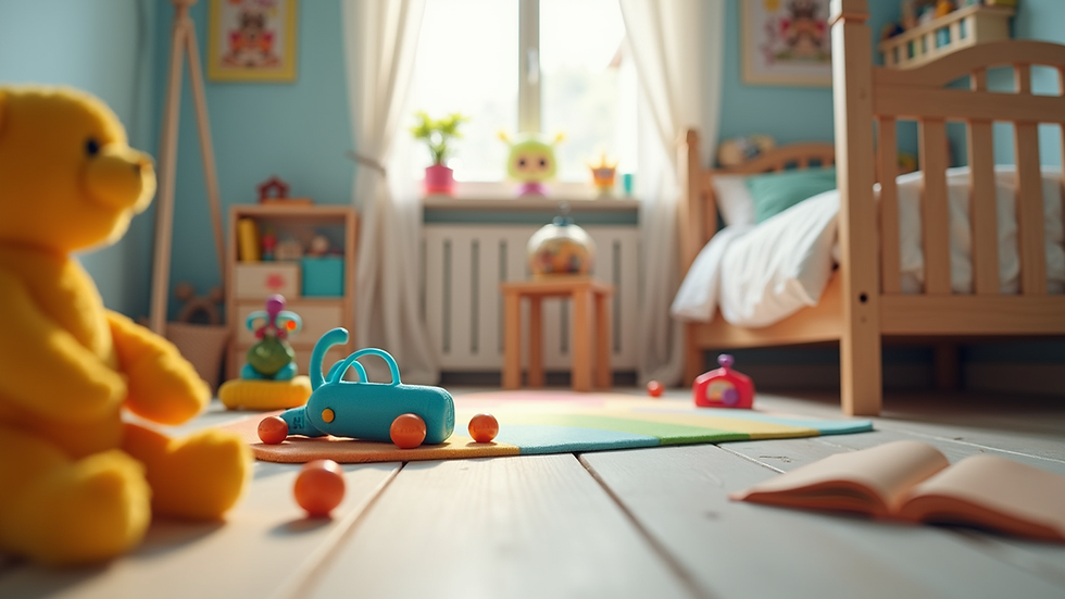 Eye-level view of a child’s colorful bedroom with toys and books