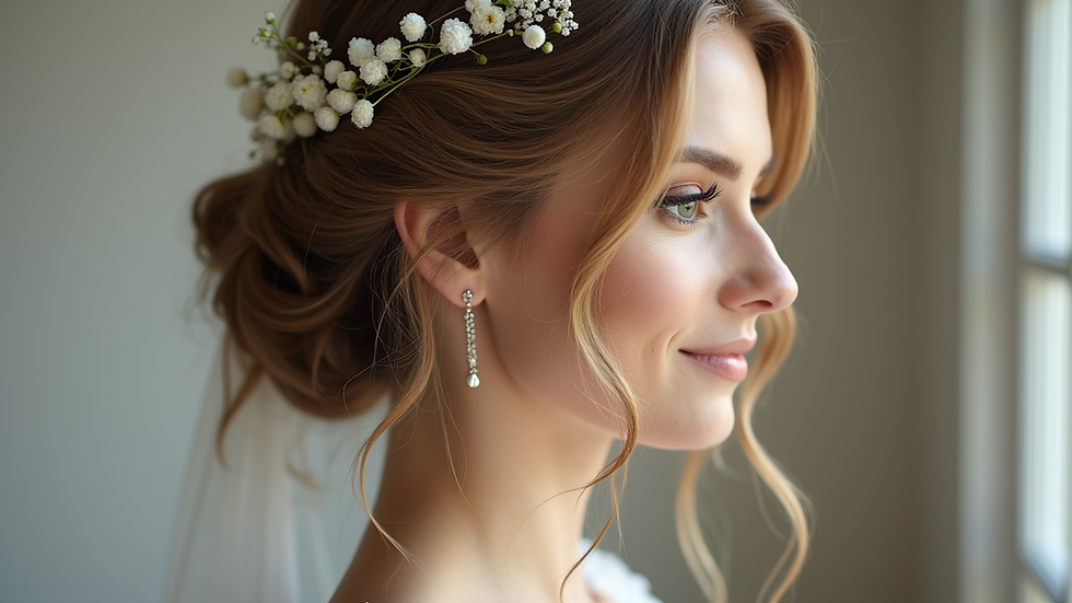 Eye-level view of a bridal hairstyle with soft waves and floral accessories