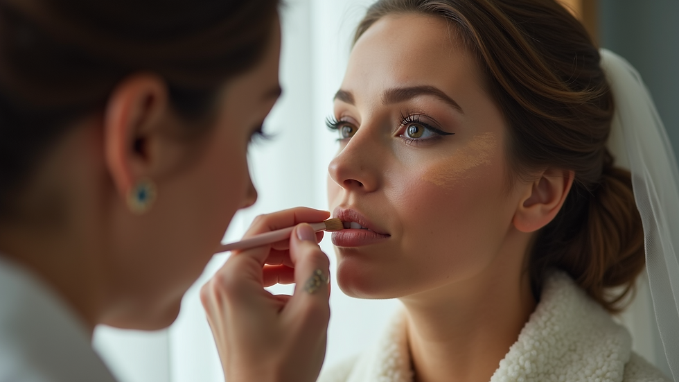 Eye-level view of a bridal makeup artist applying foundation