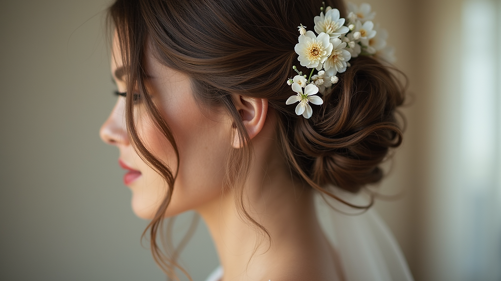 Eye-level view of bridal hairstyle with loose waves and floral accents