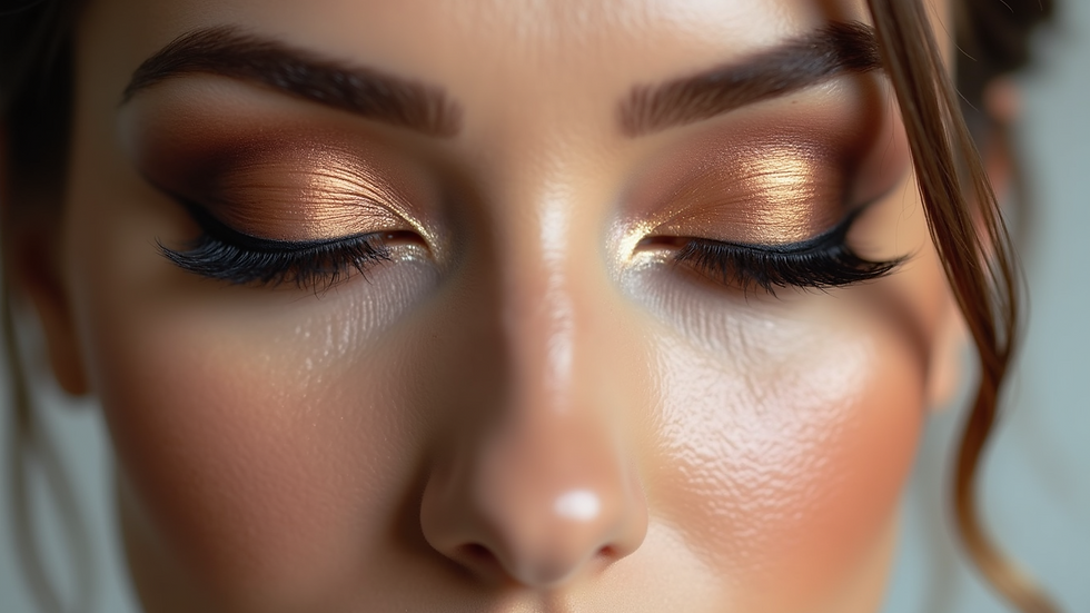Close-up view of bridal makeup with bronze eyeshadow