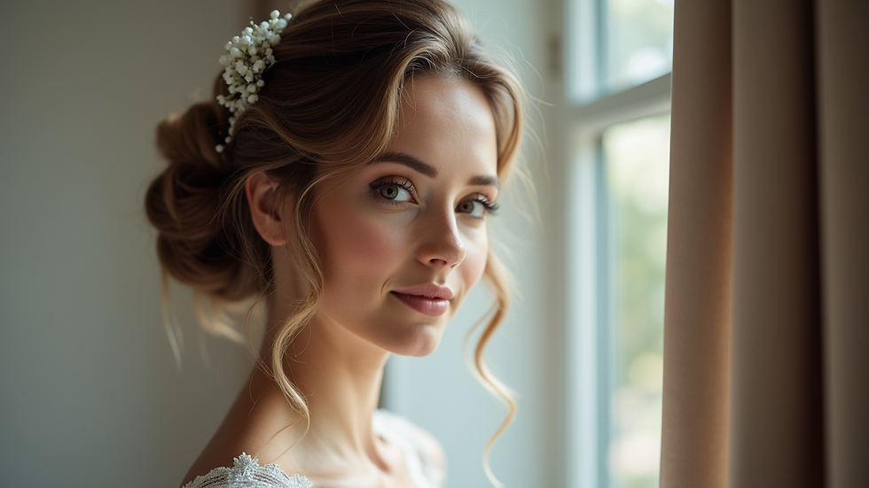 Eye-level view of elegant bridal hairstyle with soft curls