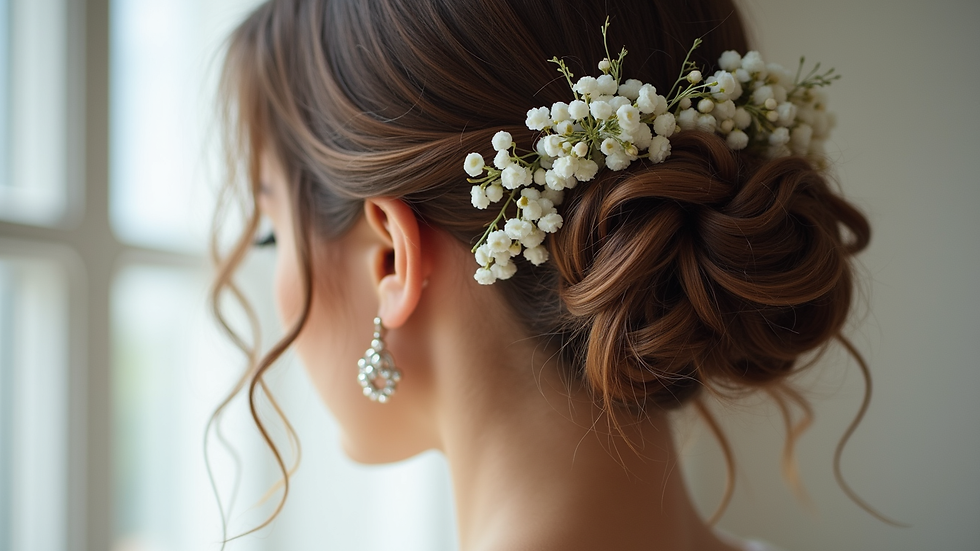 Close-up view of elegant bridal hairstyle with soft curls and floral accents