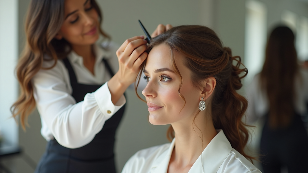 Eye-level view of a wedding hair expert styling a bride’s hair in a salon