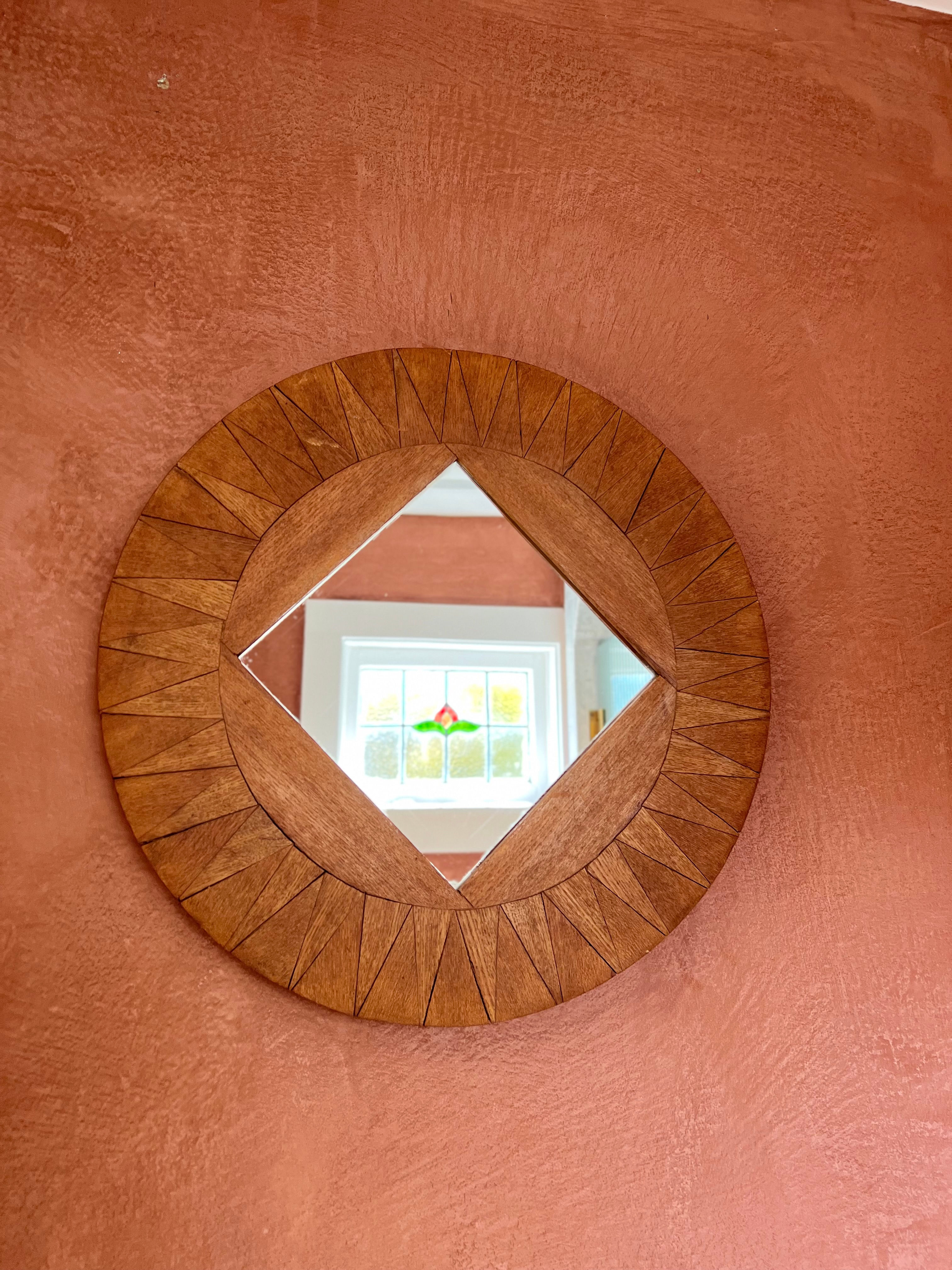 Vintage Round Wood Inlay Mirror