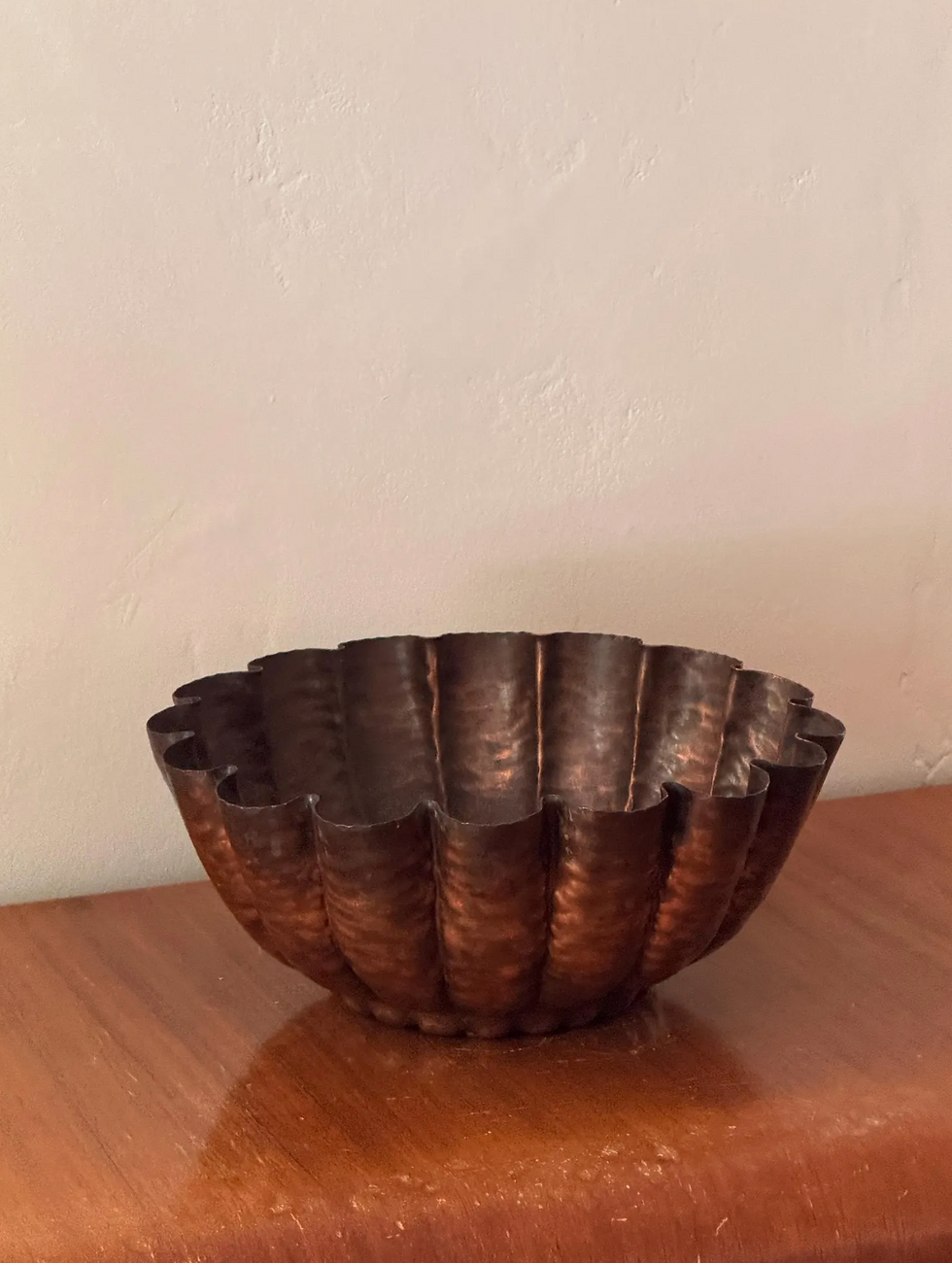 Thumbnail: Vintage Hammered Copper Scalloped Centerpiece Bowl