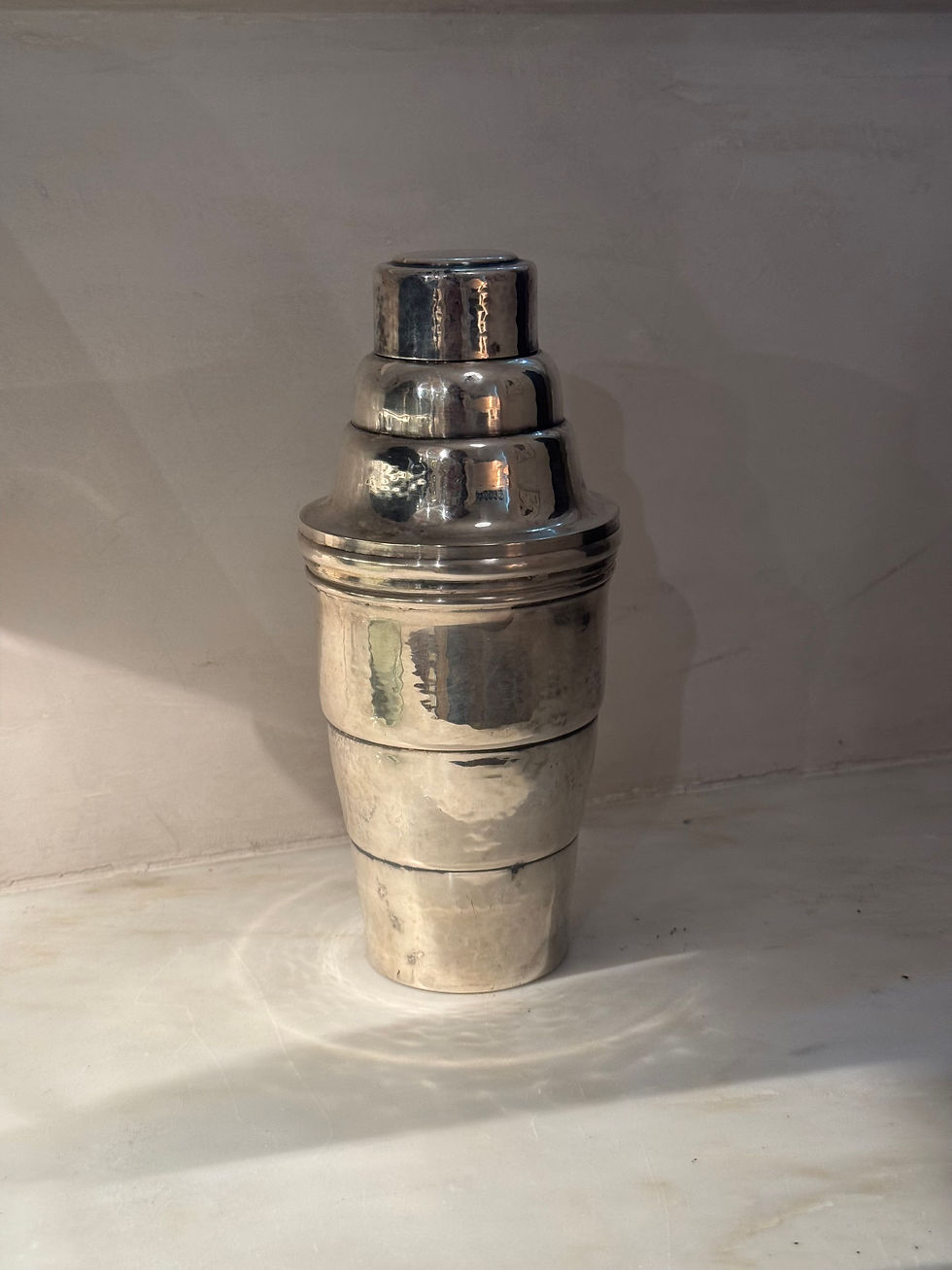 Thumbnail: Vintage Hammered Alpaca Silver Cocktail Shaker with Deco Form