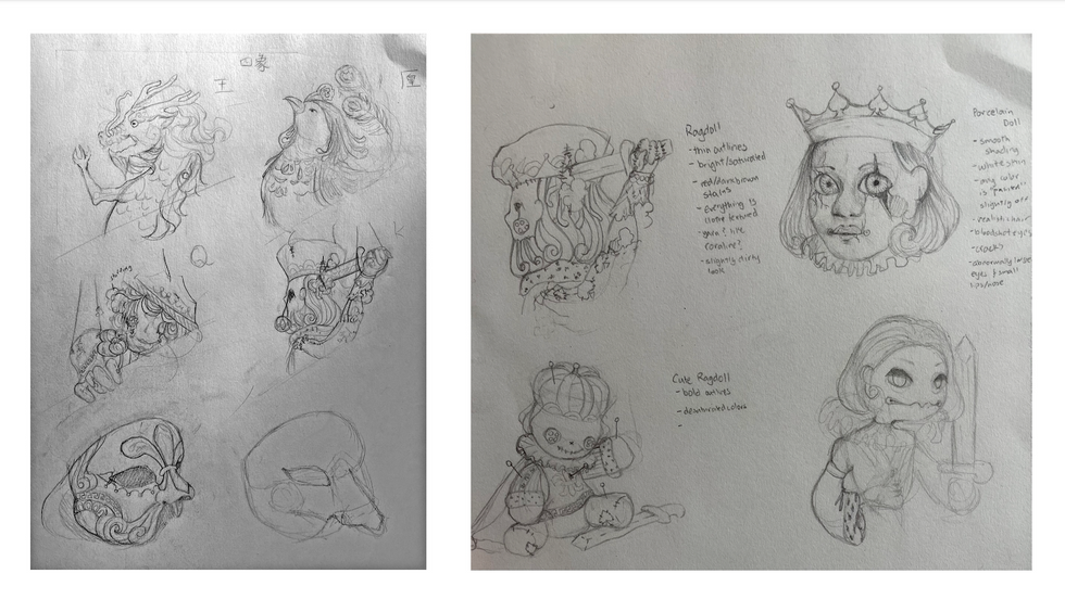 Initial brainstorming and variations on chosen design (dolls)