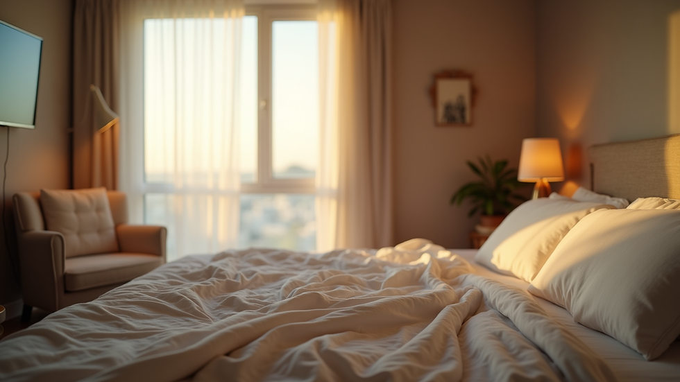 Eye-level view of a cozy bedroom with soft lighting and a comfortable bed
