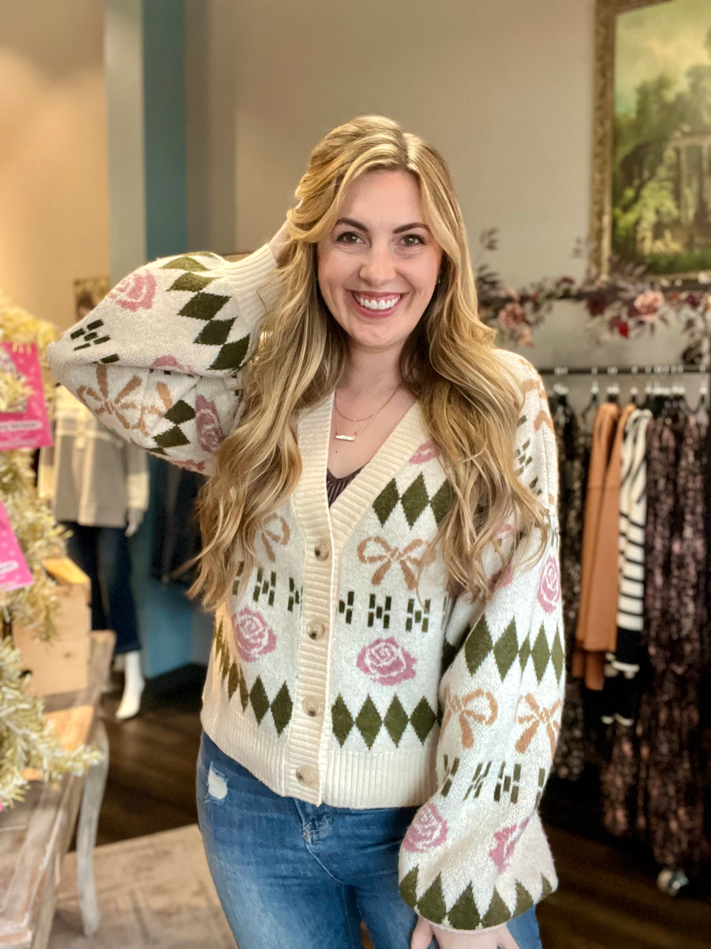 Bonnie Bow & Floral Graphic Knit Coquette Sweater Cardigan (S - L)