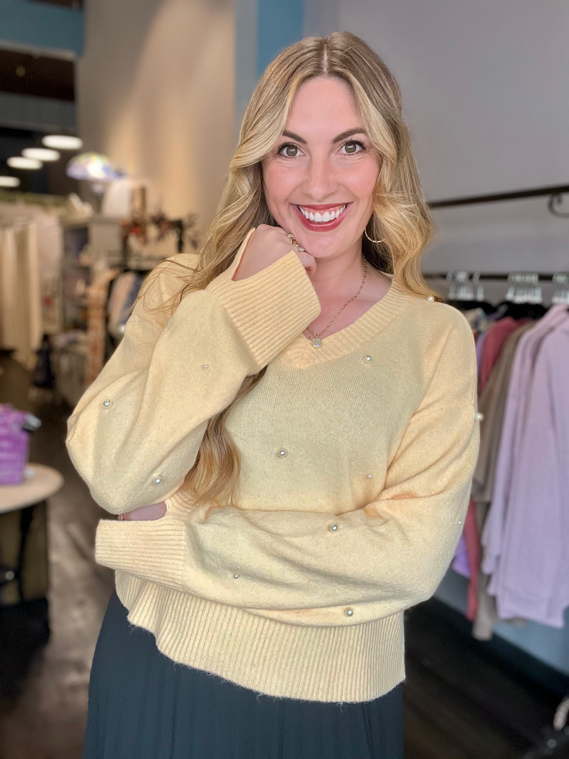 Pretty as a Pearl Knit Sweater Top in Butter Yellow (S - L)