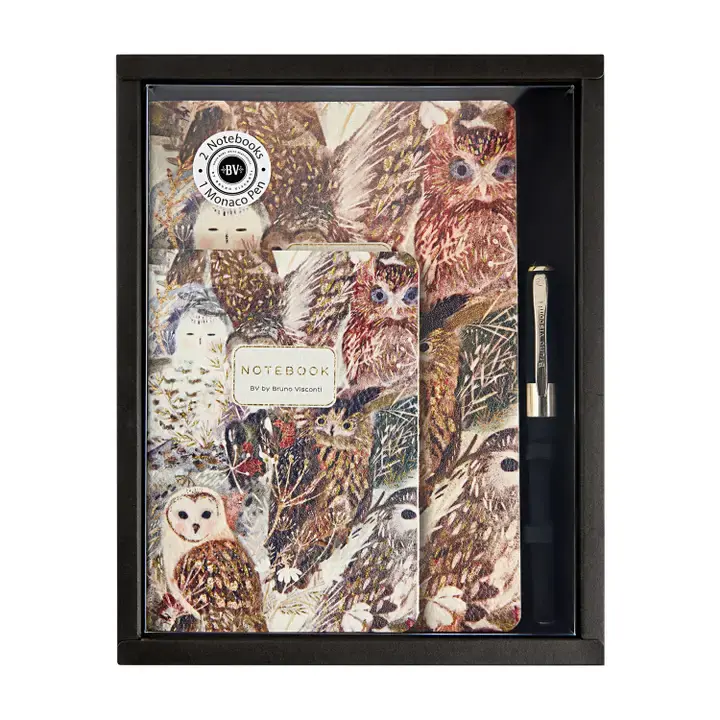 3 Piece Notebook & Pen Gift Set - Owls, Flowers, Pomegranates