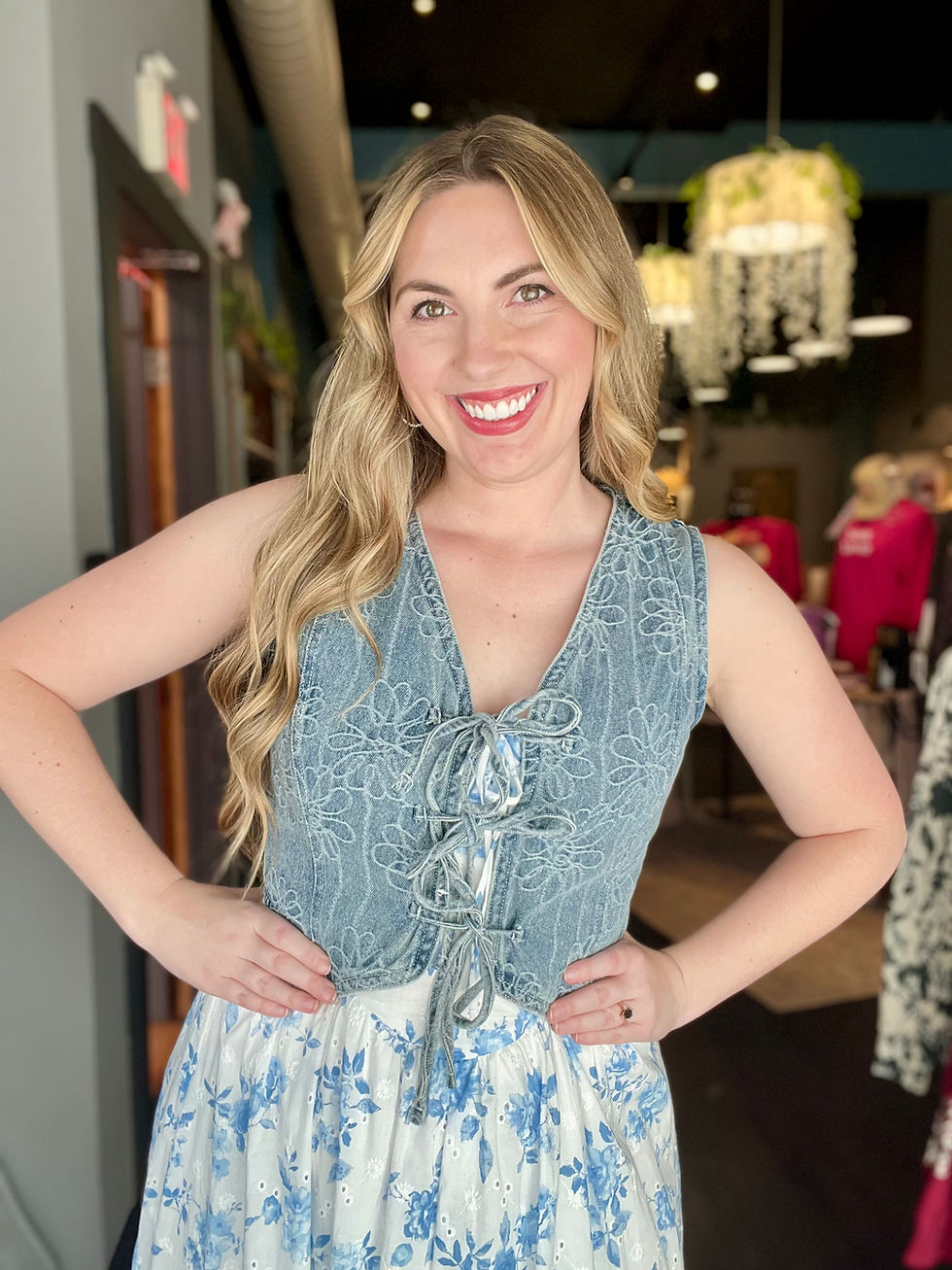 Thumbnail: Belle Blue & White Floral Pattern Front Tie Corset Midi Dress (S - L)