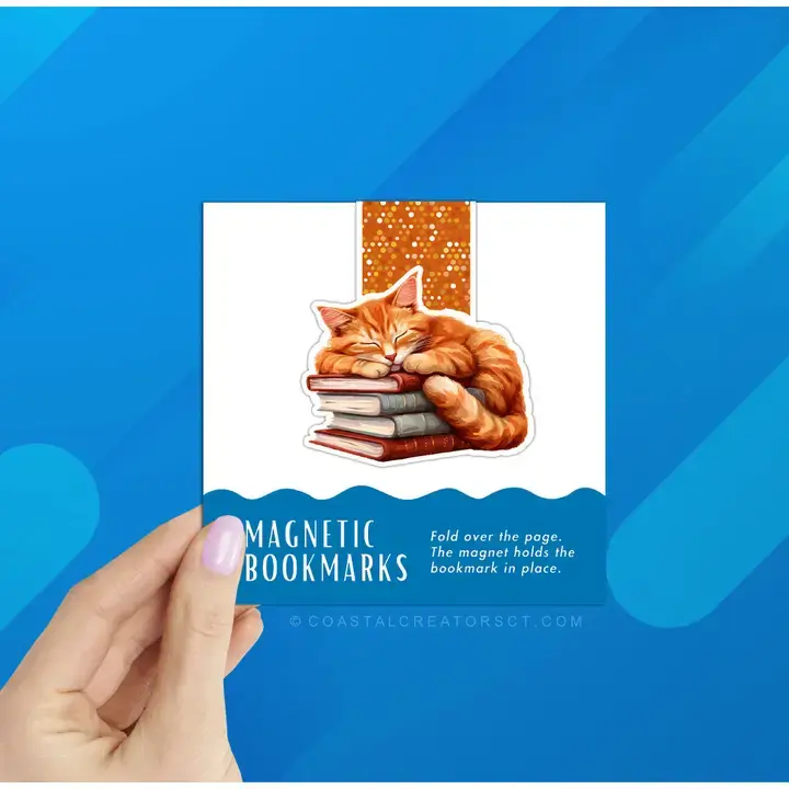 Orange Tabby Cat Sleeping on Bookstack Magnetic Bookmark - Made in the USA