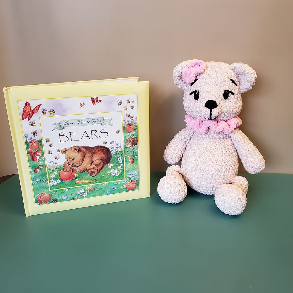 Little Miss Bear Pairing - Pink crochet bear with ruffled collar and bow and sweet bear book.