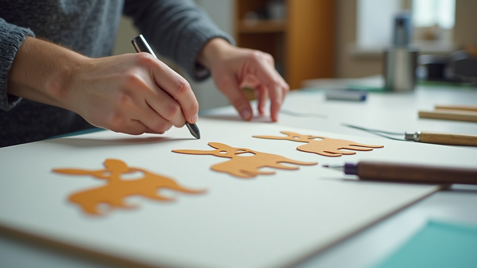 Eye-level view of a crafting table with printed corgi SVG designs and cutting tools
