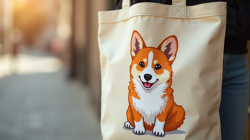 Close-up view of printed corgi SVG design on a tote bag