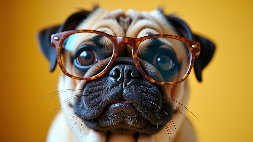 Eye-level view of a playful pug wearing oversized glasses