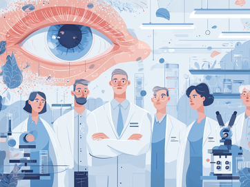 Illustration of a biotech research team working on gene therapy for inherited eye disease in a clean modern lab setting in Europe