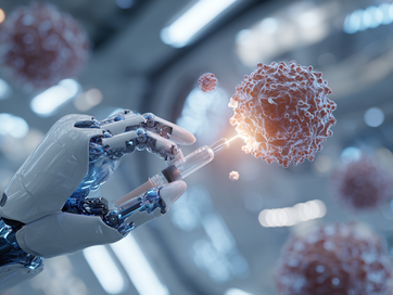 Concept image of dual-target CAR-T therapy and dendritic cell treatment in a clinical setting, representing progress in glioblastoma cell therapy research