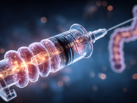 A clinical-style image of a syringe and colon illustration symbolizing treatment advancement for ulcerative colitis.