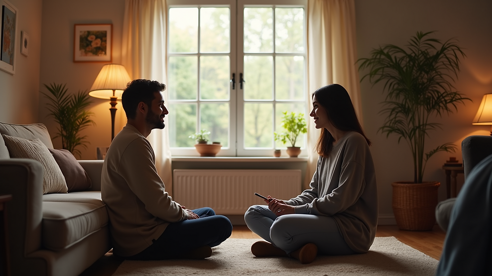 Eye-level view of a couple having a calm conversation in a cozy living room