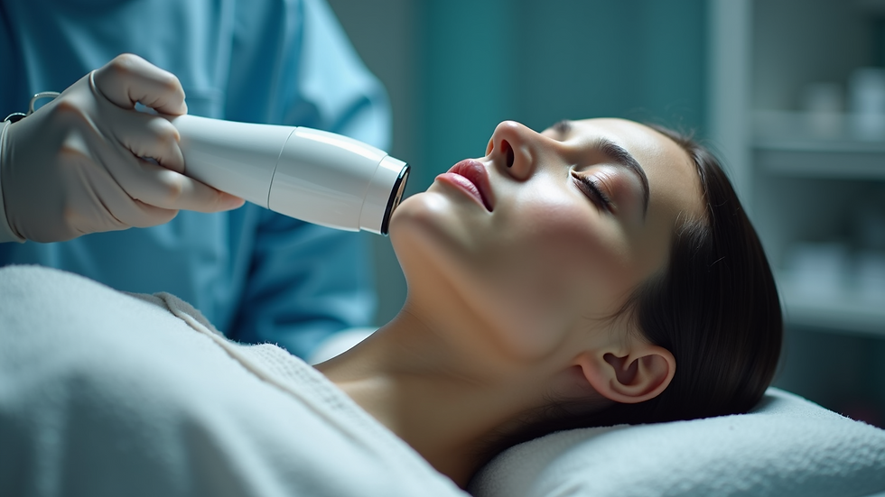 Close-up view of shockwave therapy device head positioned for treatment