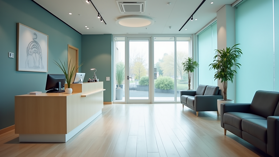 Eye-level view of a modern medical clinic reception in London