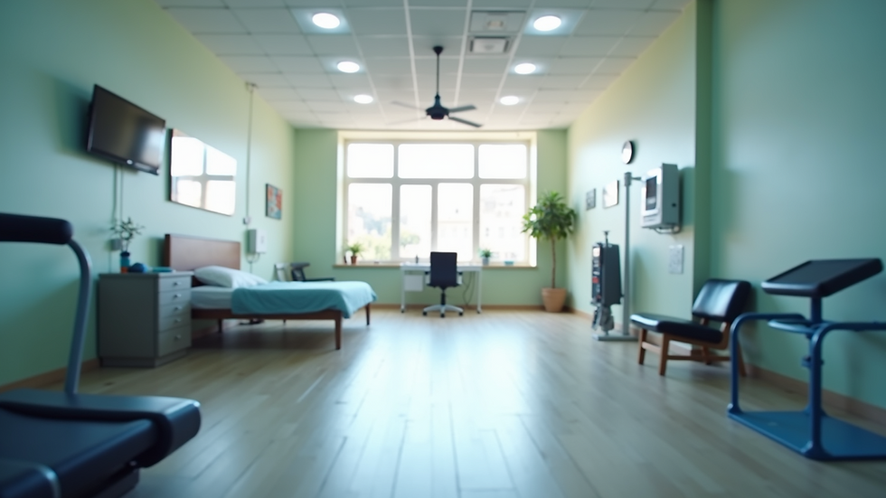 Wide angle view of physiotherapy clinic with exercise equipment