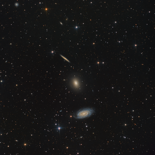 Astrophotography of the Draco Trio featuring galaxies NGC 5985 (spiral), NGC 5982 (elliptical), and NGC 5981 (edge-on), surrounded by stars and numerous background galaxies.