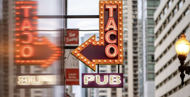 Downtown Taco Pub Sign in Chicago Loop
