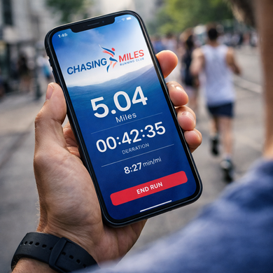 Hand holding phone with running app on screen.