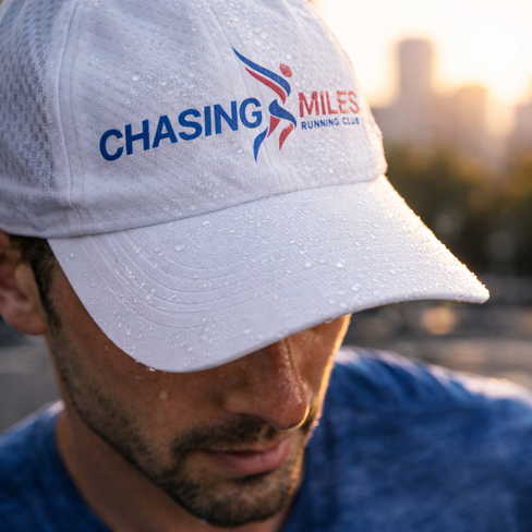 Person wearing a "Chasing Athlete" cap outdoors.