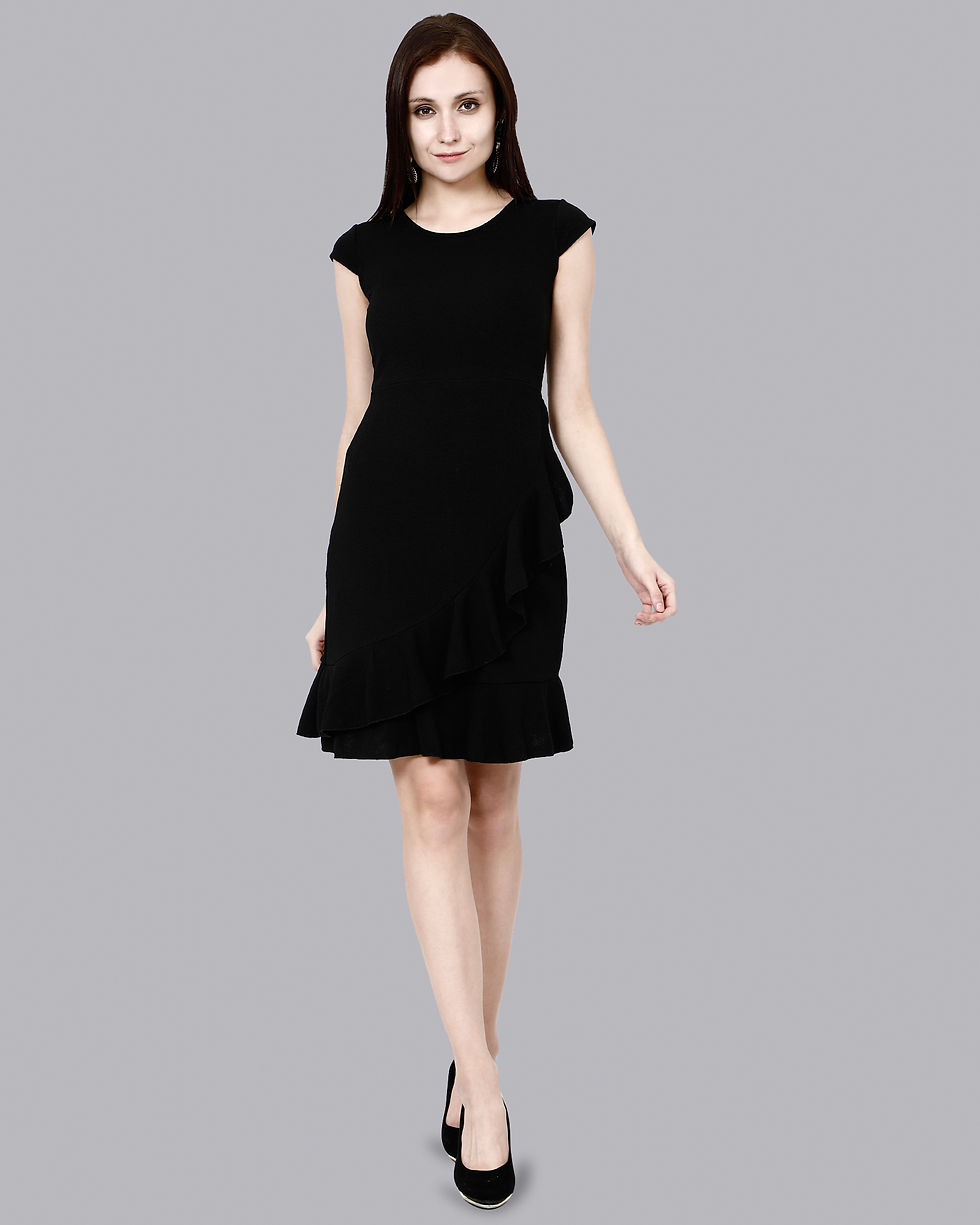 Women Ruffled Black Dress